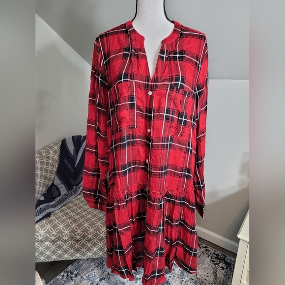 Mud Pie Red Plaid Decker Dress Long Top L Buffalo plaid NWT - Picture 2 of 6